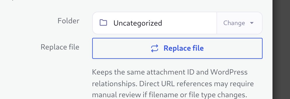 Plathix Replace file panel — keeps the same attachment ID