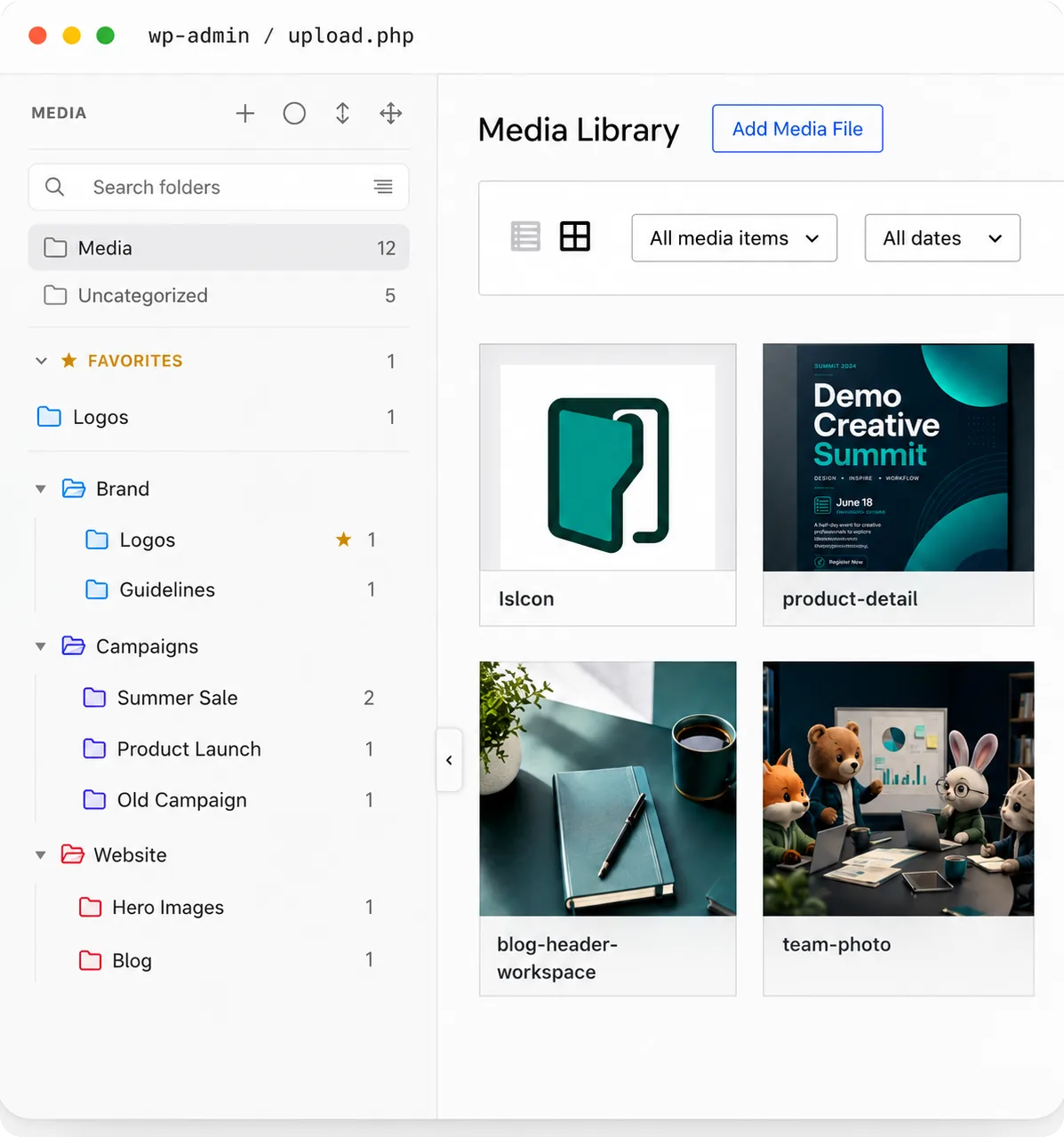 Plathix Media Library folder tree in the WordPress admin, showing Products, Campaigns, and Brand Assets folders