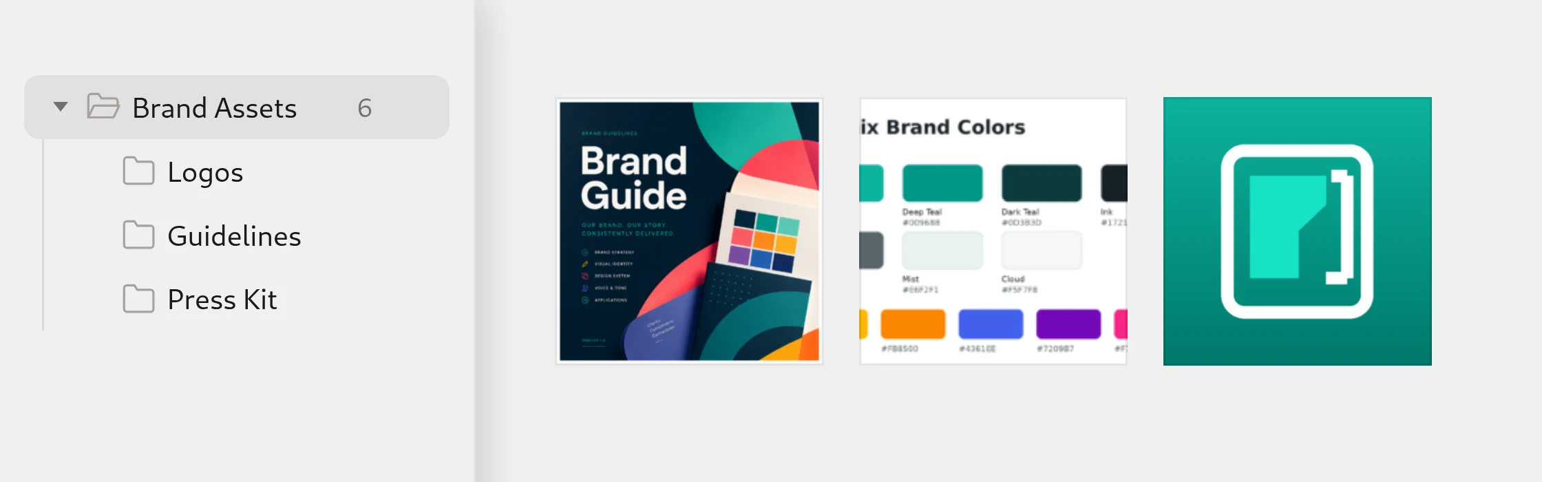 Brand Assets folder with Logos, Guidelines and Press Kit subfolders and brand files
