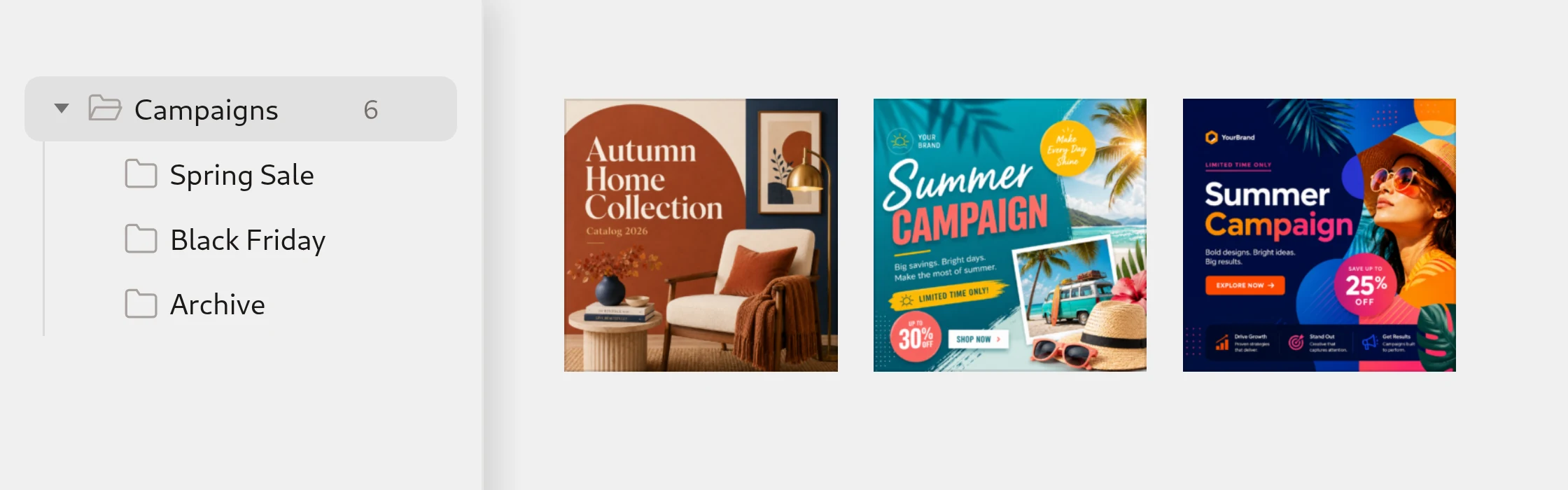 Campaigns folder with Spring Sale, Black Friday and Archive subfolders and campaign banners