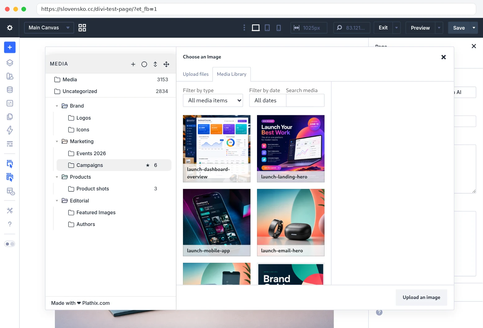 Divi Visual Builder on slovensko.cc with the Choose an Image window open and the Plathix folder tree on the left, Campaigns folder open