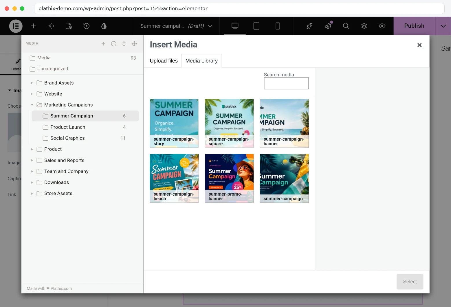 Elementor Insert Media window on plathix-demo.com with the Plathix folder tree on the left, Summer Campaign folder open