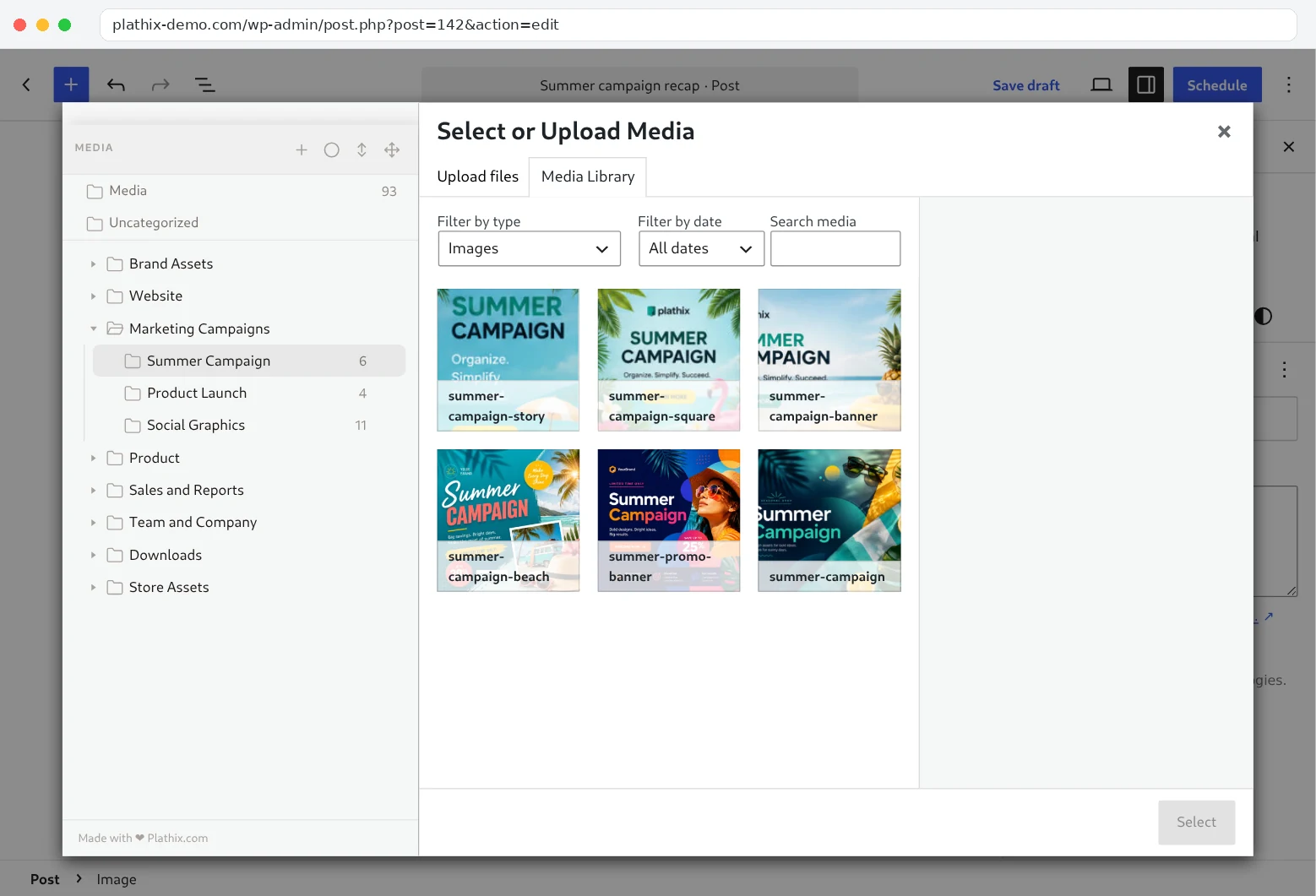Gutenberg Image block media modal on plathix-demo.com with the Plathix folder tree on the left, Summer Campaign folder open