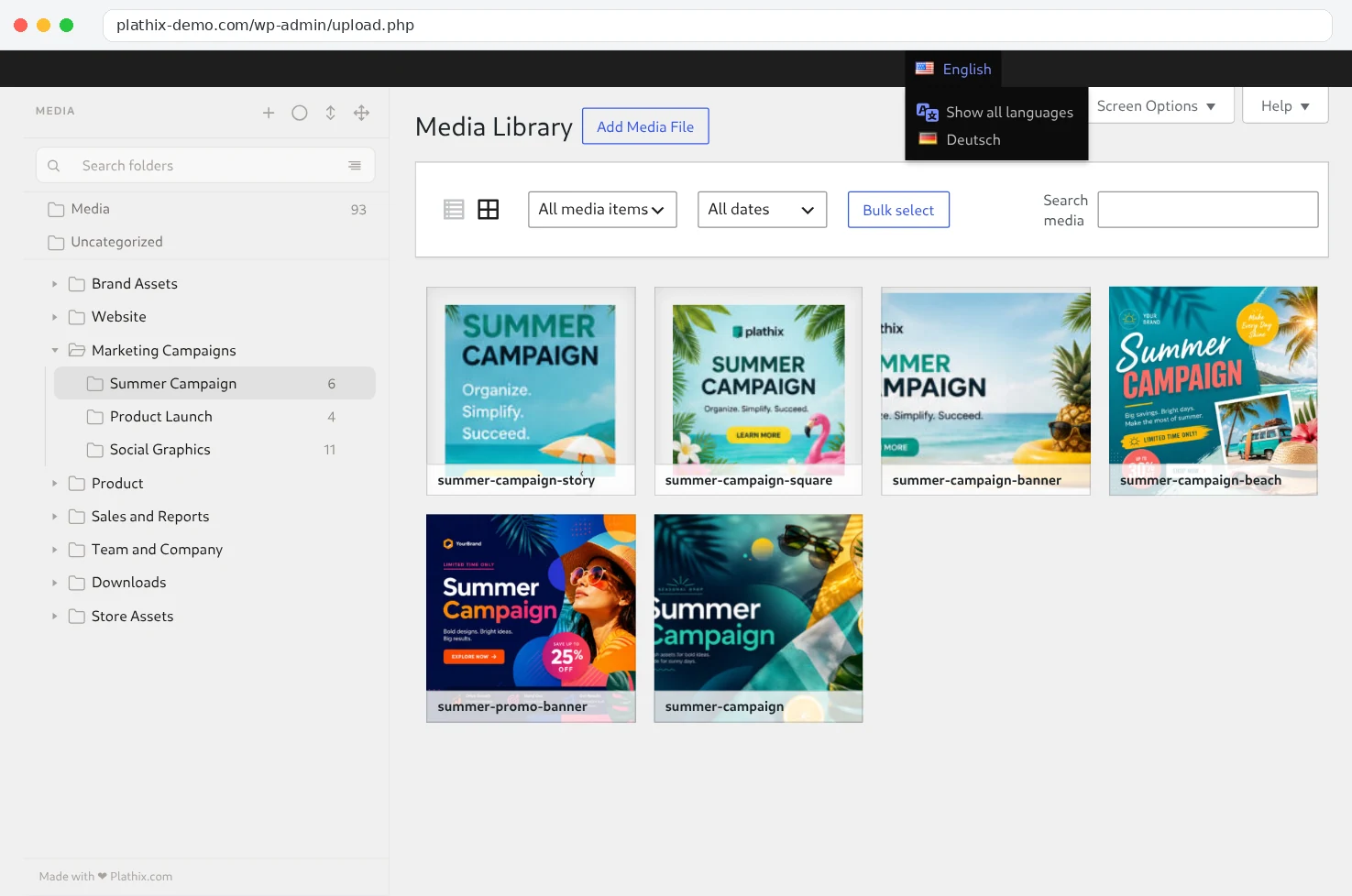 Media Library on plathix-demo.com with the Polylang language menu open (English, Deutsch) and the Plathix folder tree, Summer Campaign open
