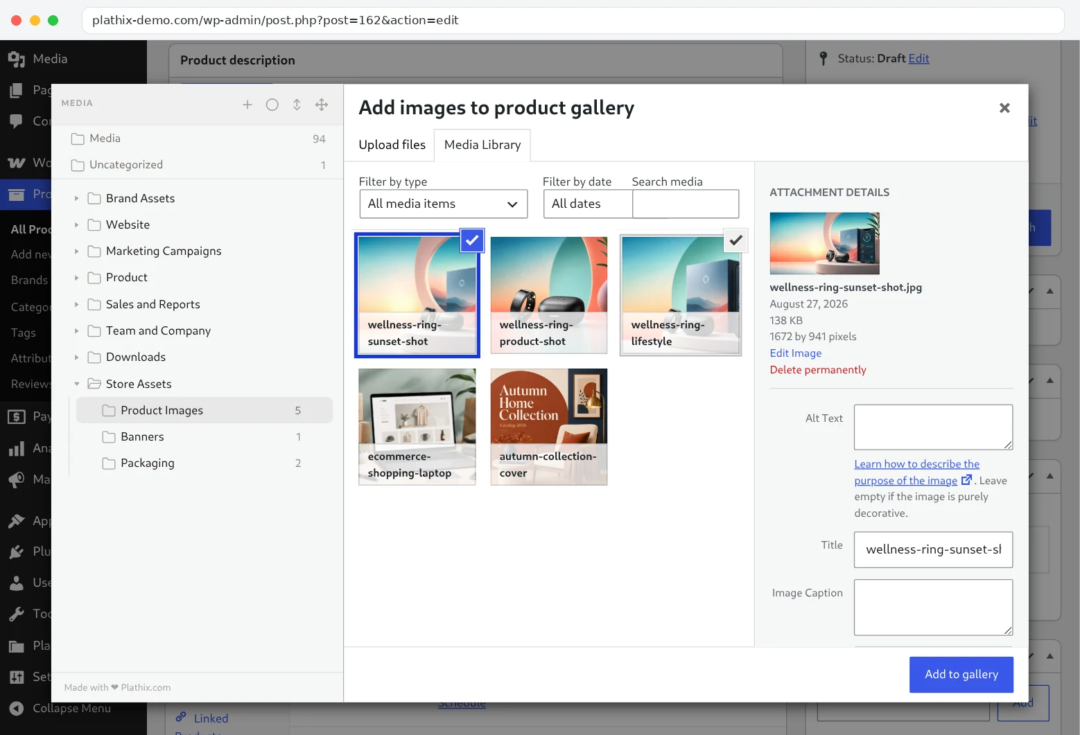 WooCommerce Add images to product gallery window on plathix-demo.com with the Plathix folder tree on the left and two product photos selected