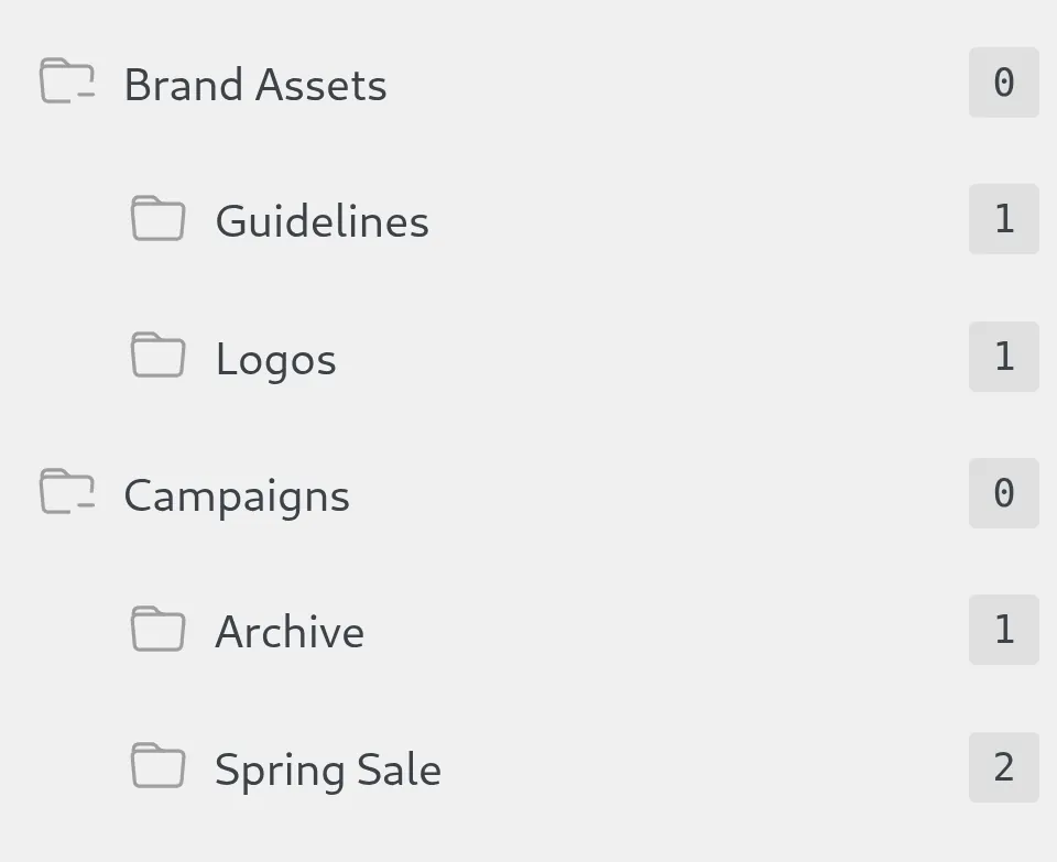 HappyFiles folder tree before migration: Brand Assets with Guidelines and Logos, Campaigns with Archive and Spring Sale