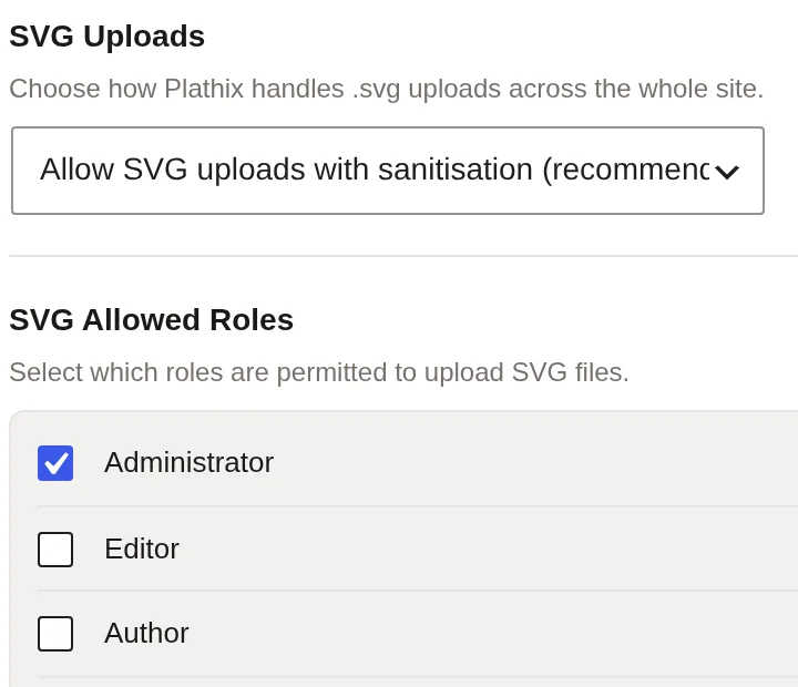 Plathix SVG settings: SVG uploads allowed with sanitisation, and the list of roles permitted to upload SVG files