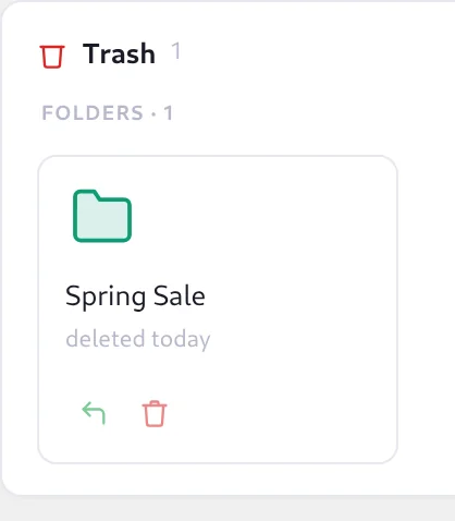 Plathix Trash view: the Spring Sale folder deleted today with Restore and Delete permanently buttons