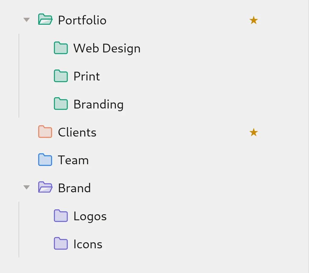 Plathix folder tree after applying the Creative Agency Ready Folder Set: Portfolio with Web Design, Print and Branding, Clients, Team, Brand with Logos and Icons