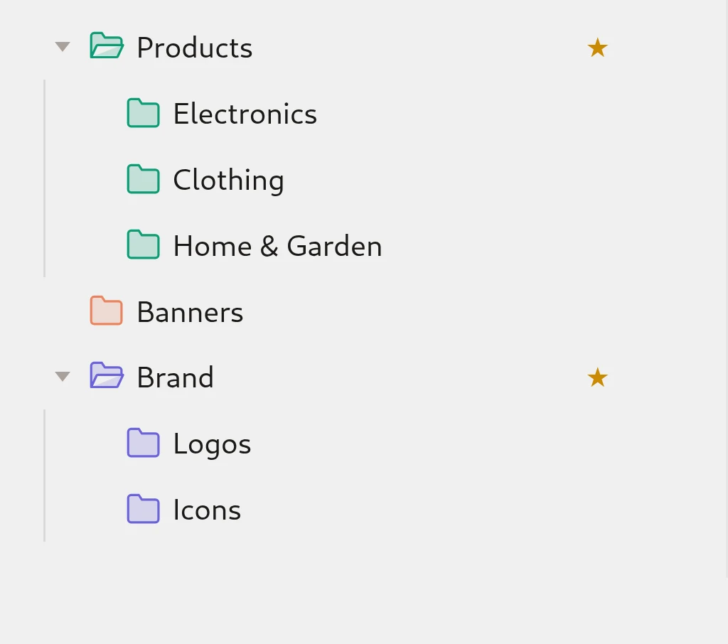 Plathix folder tree after applying the E-Commerce Ready Folder Set: Products with Electronics, Clothing and Home & Garden, Banners, Brand with Logos and Icons