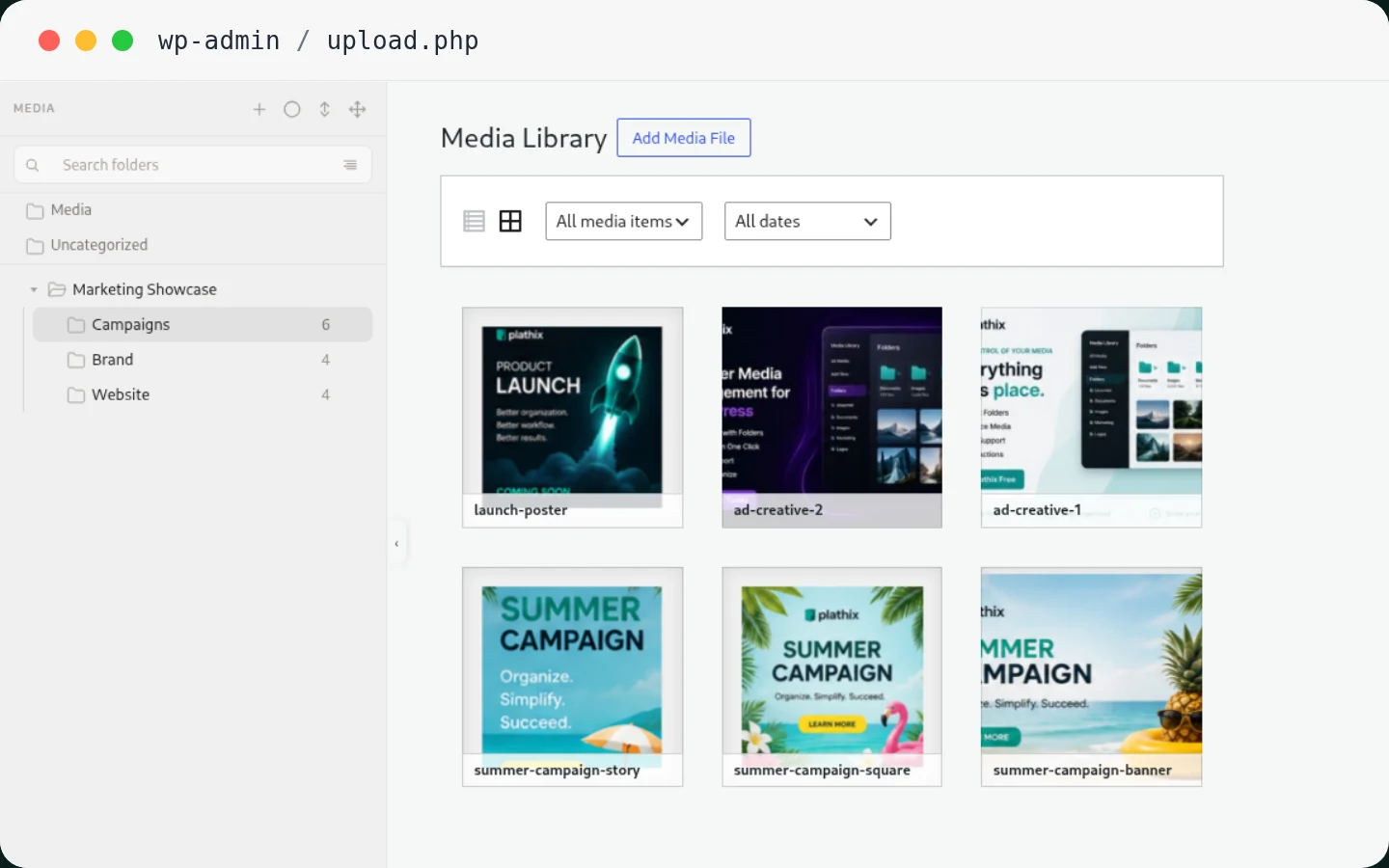 The same Media Library with Plathix folders: Marketing Showcase tree with Campaigns, Brand and Website, Campaigns folder selected