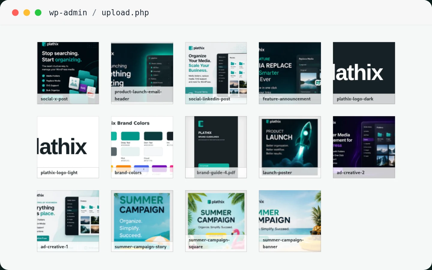 WordPress Media Library without folders: 14 mixed files in one flat grid