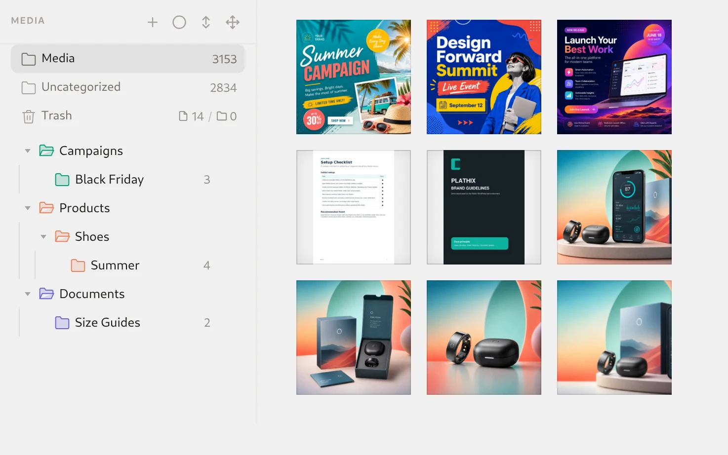 Plathix Media Library for an online store: folder tree with Products, Shoes, Summer, Campaigns, Black Friday, Documents and Size Guides next to a grid of product photos, campaign banners and PDF guides