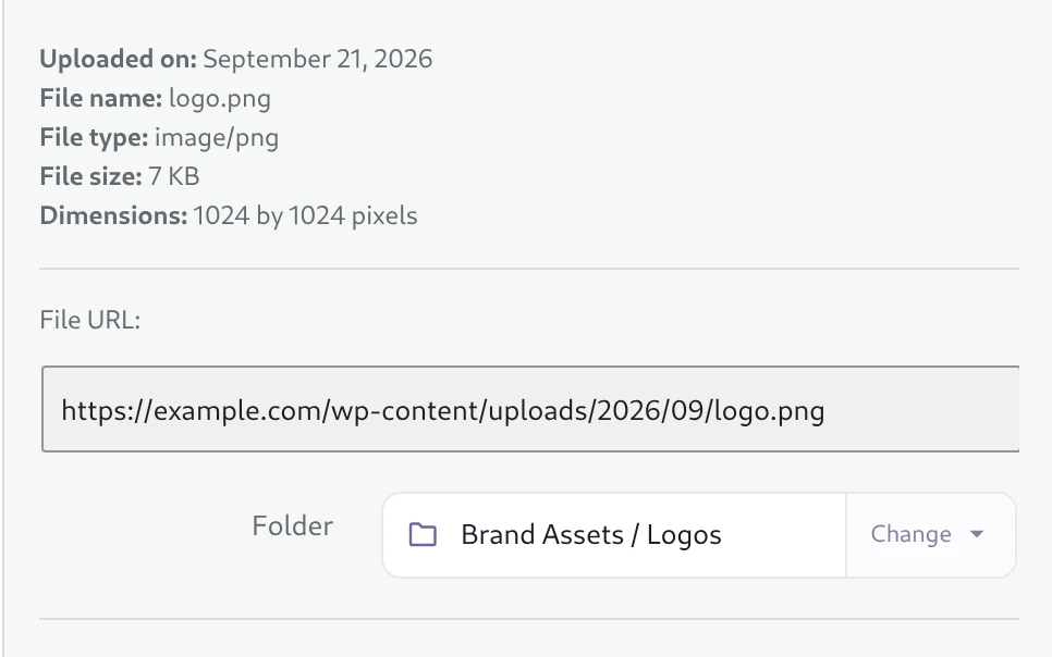 Attachment details after the move: logo.png in Brand Assets / Logos, the same file URL /wp-content/uploads/2026/09/logo.png