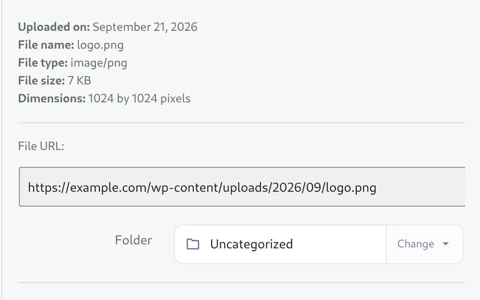 Attachment details before the move: logo.png in Uncategorized, file URL /wp-content/uploads/2026/09/logo.png