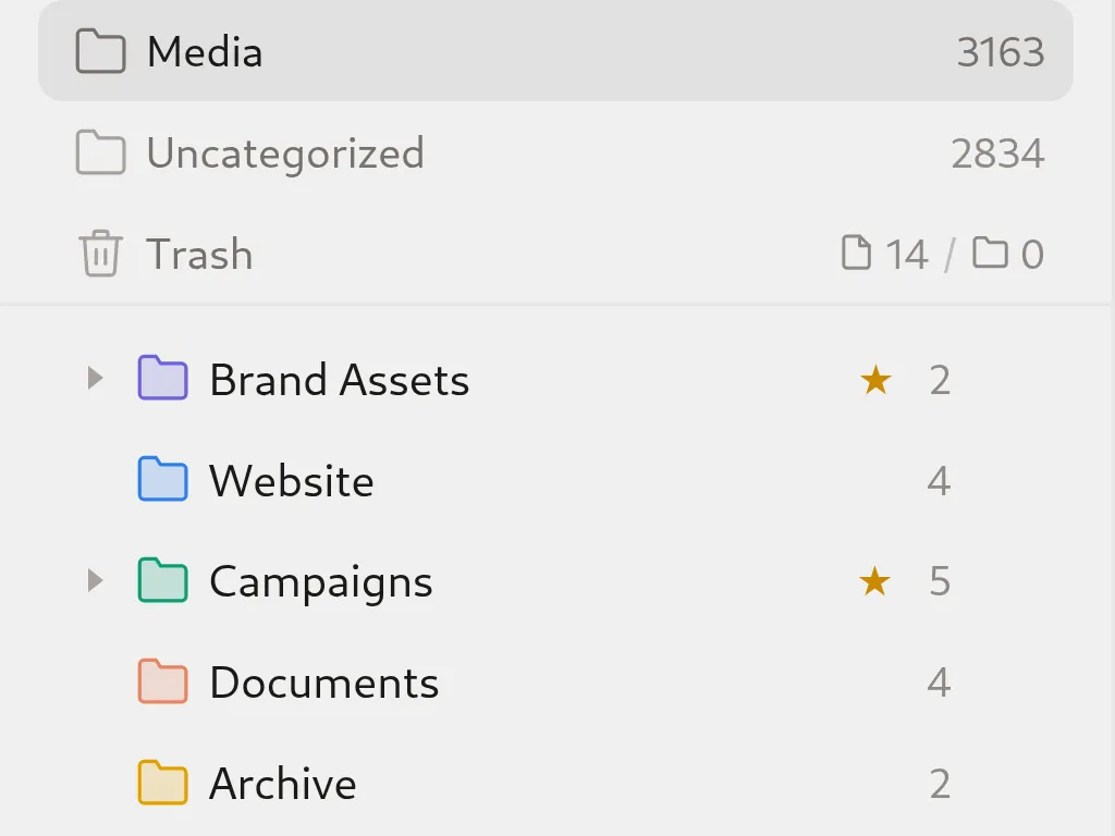 Plathix folder tree on the first client site: Brand Assets, Website, Campaigns, Documents and Archive with files inside and two favorites