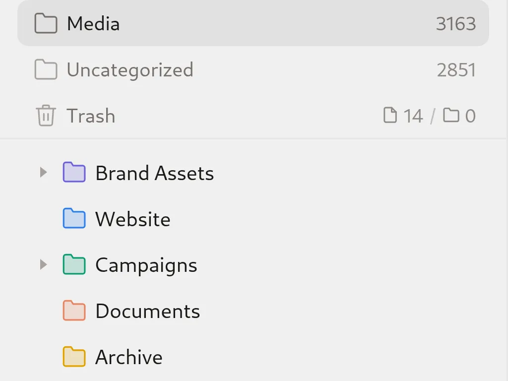 The same Plathix folder tree imported on the second client site: Brand Assets, Website, Campaigns, Documents and Archive, still empty
