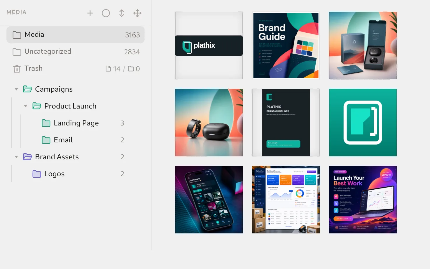 Plathix Media Library for a marketing team: folder tree with Campaigns, Product Launch, Landing Page, Email, Brand Assets and Logos next to a grid of launch graphics, product shots, a brand guide PDF and logos