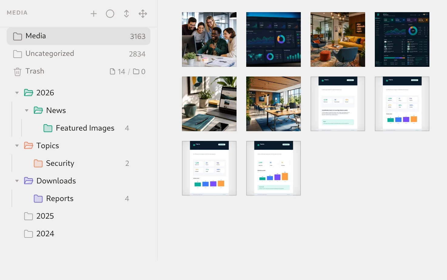 Plathix Media Library for a publisher: folder tree with 2026, News, Featured Images, Topics, Security, Downloads, Reports, 2025 and 2024 next to a grid of featured photos, dashboards and PDF reports