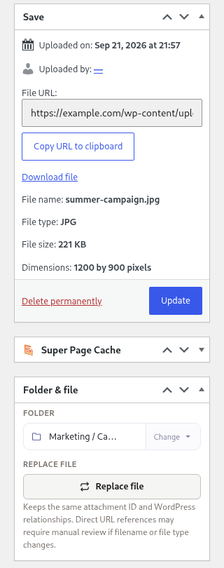 File update workflow - The Folder & file panel shows where the file lives and lets you replace it.