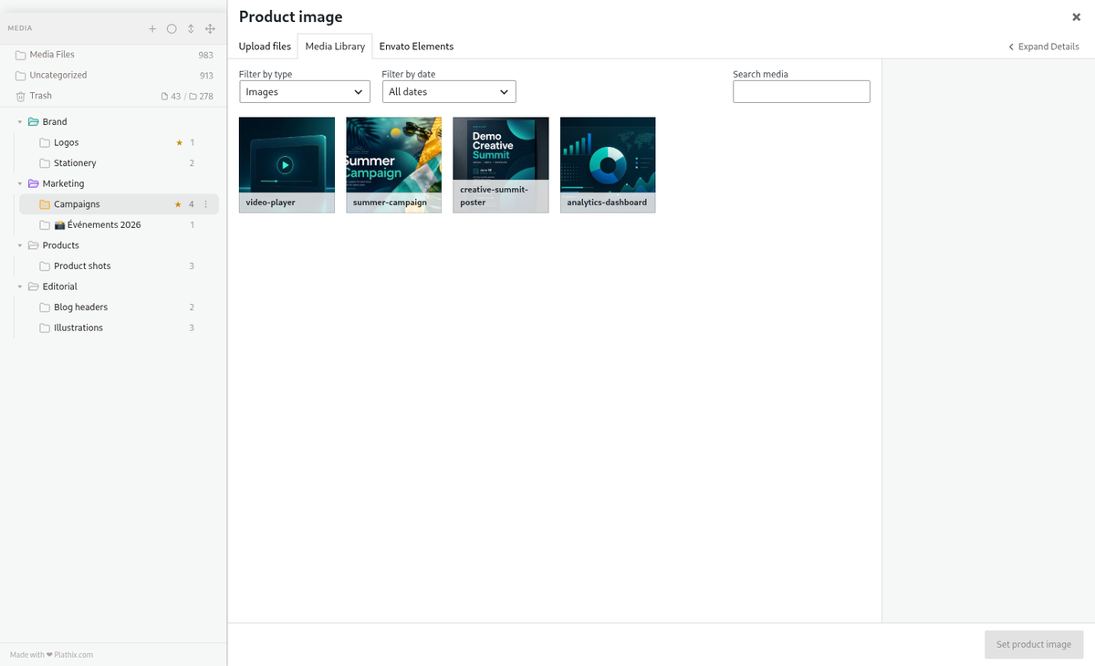 Find fast - The same folder tree inside the WordPress media picker.