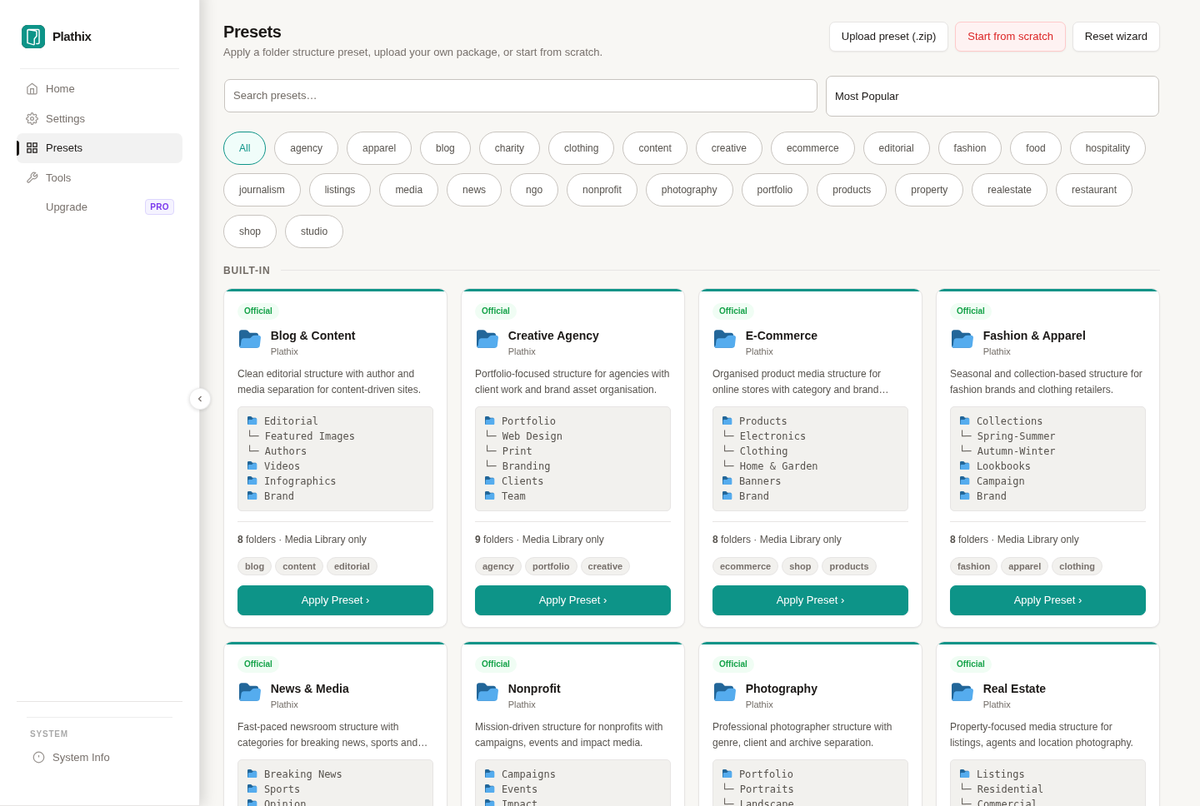 ZIP & export - Upload a preset ZIP on any other site running Plathix.