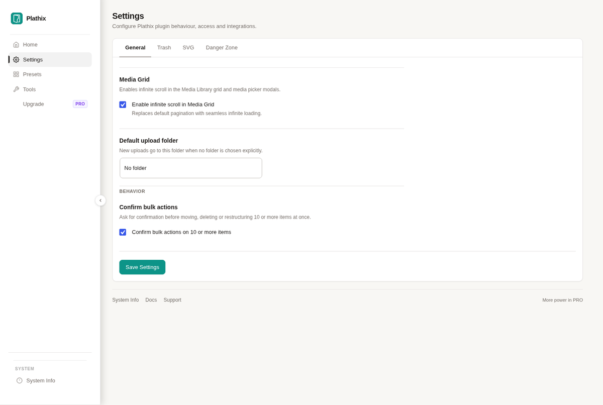 Large libraries - Infinite scroll for the Media Grid and a default upload folder.