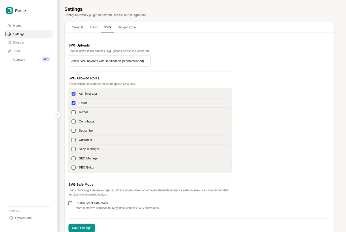SVG controls - SVG policy, strict mode and allowed roles in Settings.