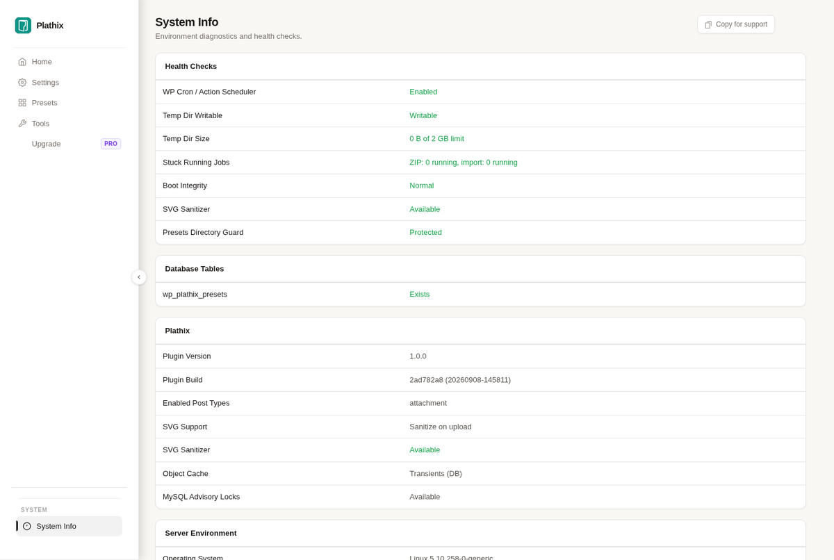 SVG controls - System Info confirms the sanitizer is available.