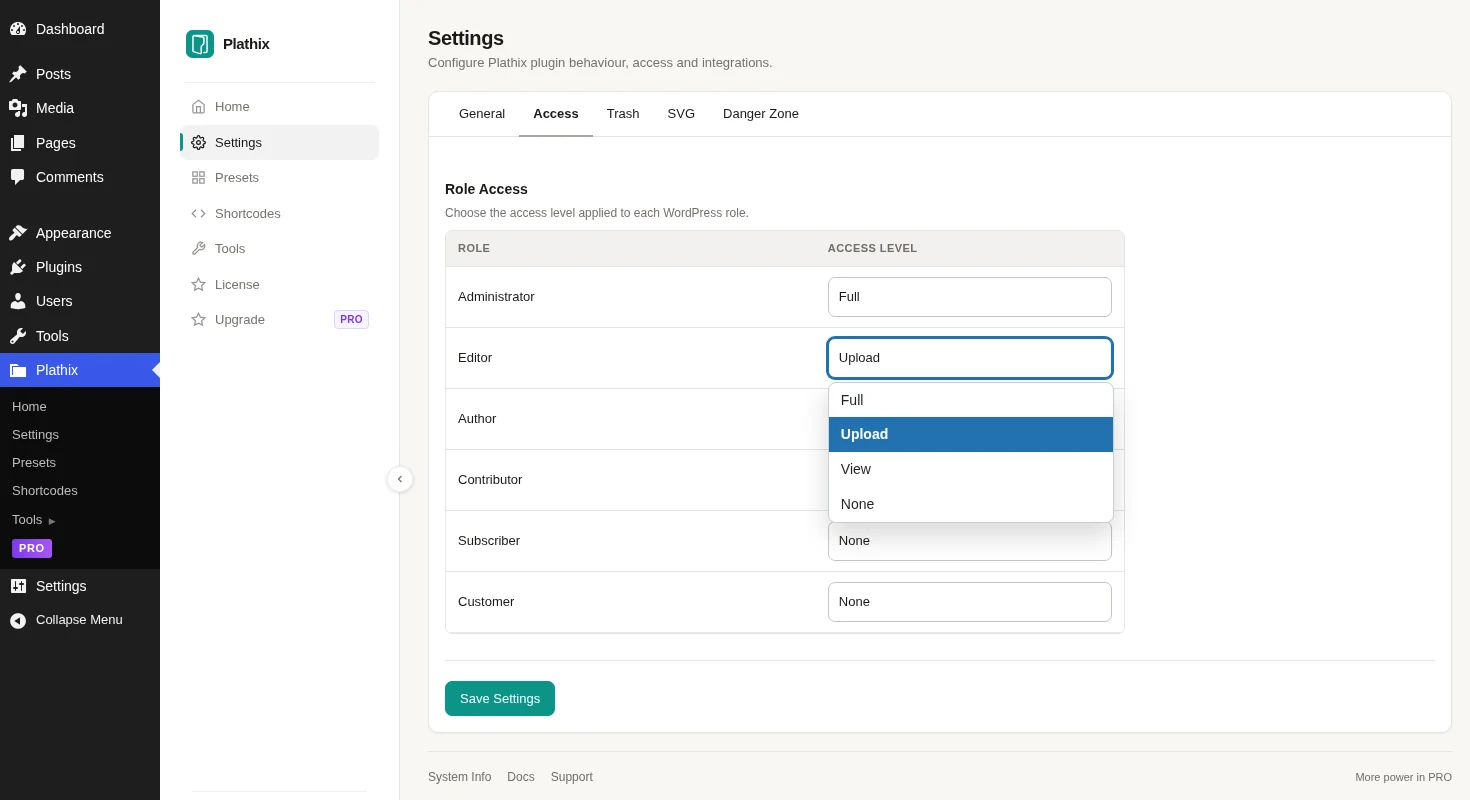 The access level dropdown open for the Editor role, listing the four options: Full, Upload, View and None.