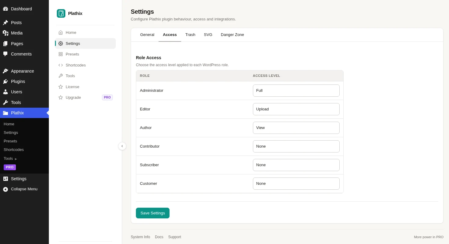 The Plathix Access tab in WordPress settings, showing each role with its access level: Administrator Full, Editor Upload, Author View, Contributor, Subscriber and Customer None.