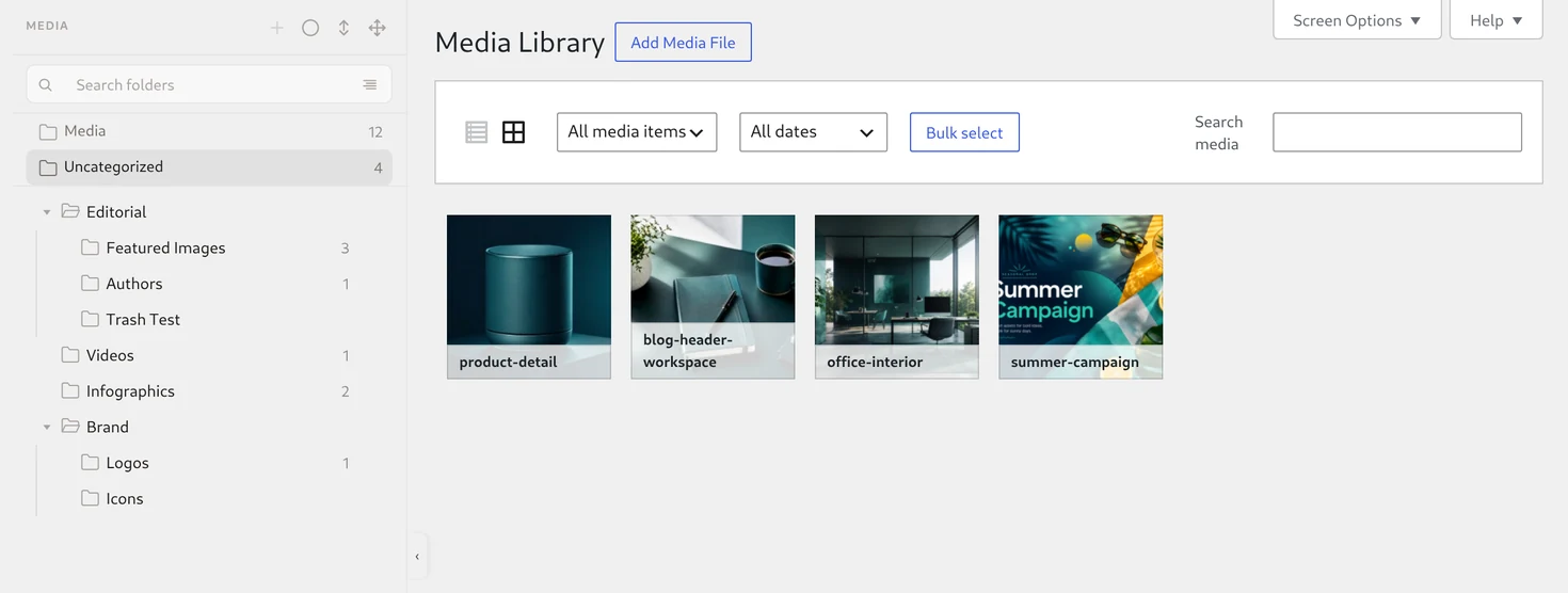 Uncategorized open in the Media Library grid with four files: product-detail, blog-header-workspace, office-interior and summer-campaign.