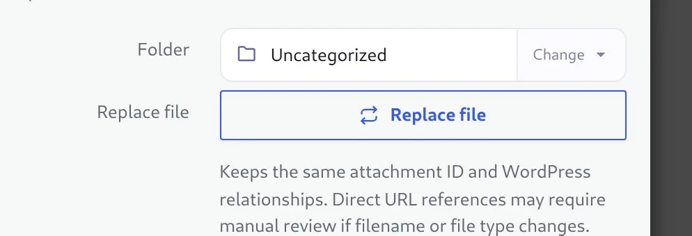Plathix Replace file panel — keeps the same attachment ID